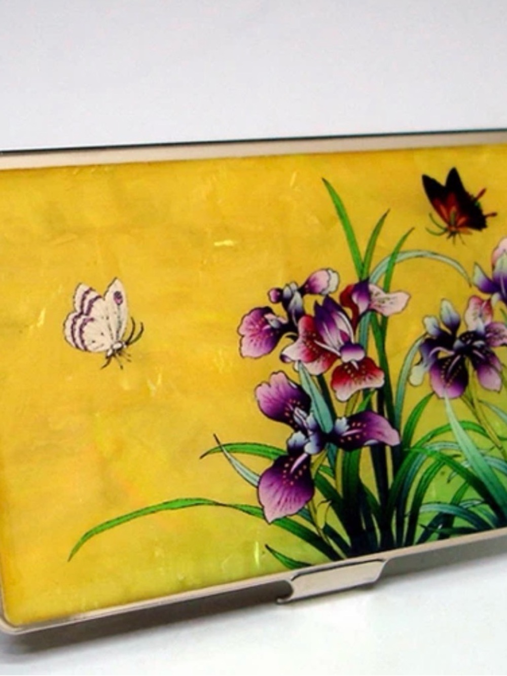 Floral Butterfly Metal Card Case - Yellow & Purple